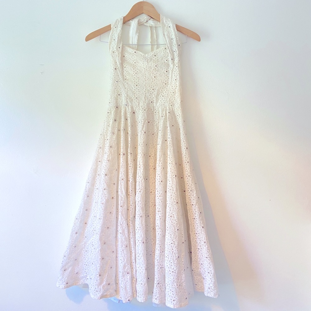 DIANE von FURSTENBERG white eyelet halter dress with bronze stud detail. Size 4